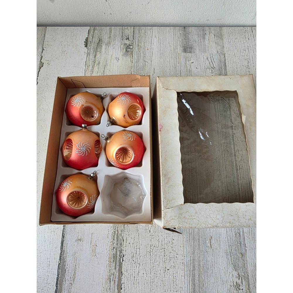 Vintage Austria ombre orange triple indent glass glitter ornament set box Xmas